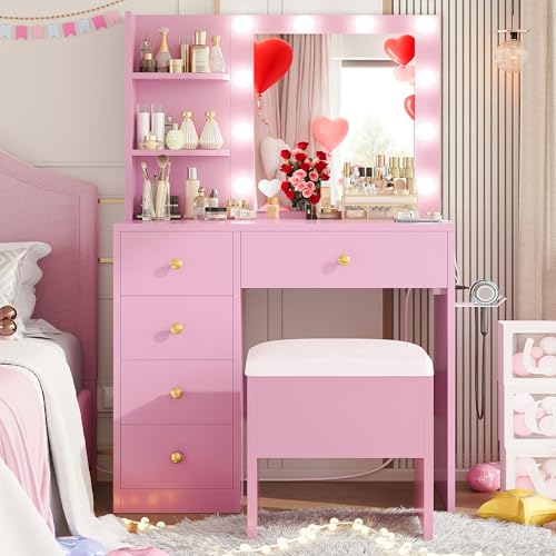 IRONCK Vanity Desk with Mirror and Lights, Small Makeup Vanity Table with 5 Drawers, Power Outlet, and Vanity Stool, 3 Lighting Colors