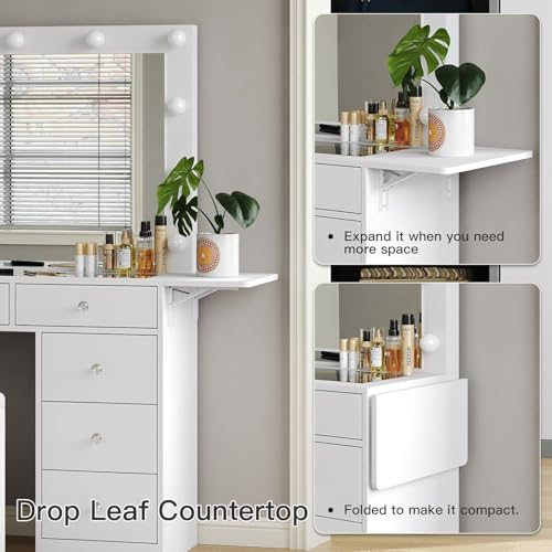 Vanity Desk with Power Outlet, 9 Drawers Makeup Vanity with Mirror and 12 LED Lights, 3 Lighting Modes, Glass Top Vanity Set, Fold-up Panel