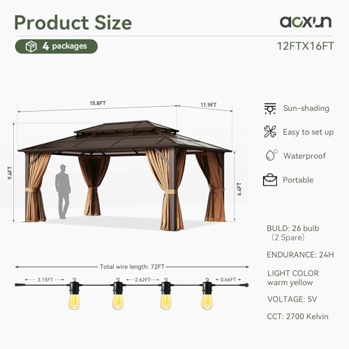 Aoxun 12'x10' Hardtop Gazebo, Aluminum Frame Permanent Pavilion with Curtains and Netting, Outdoor Polycarbonate Double Roof Canopy