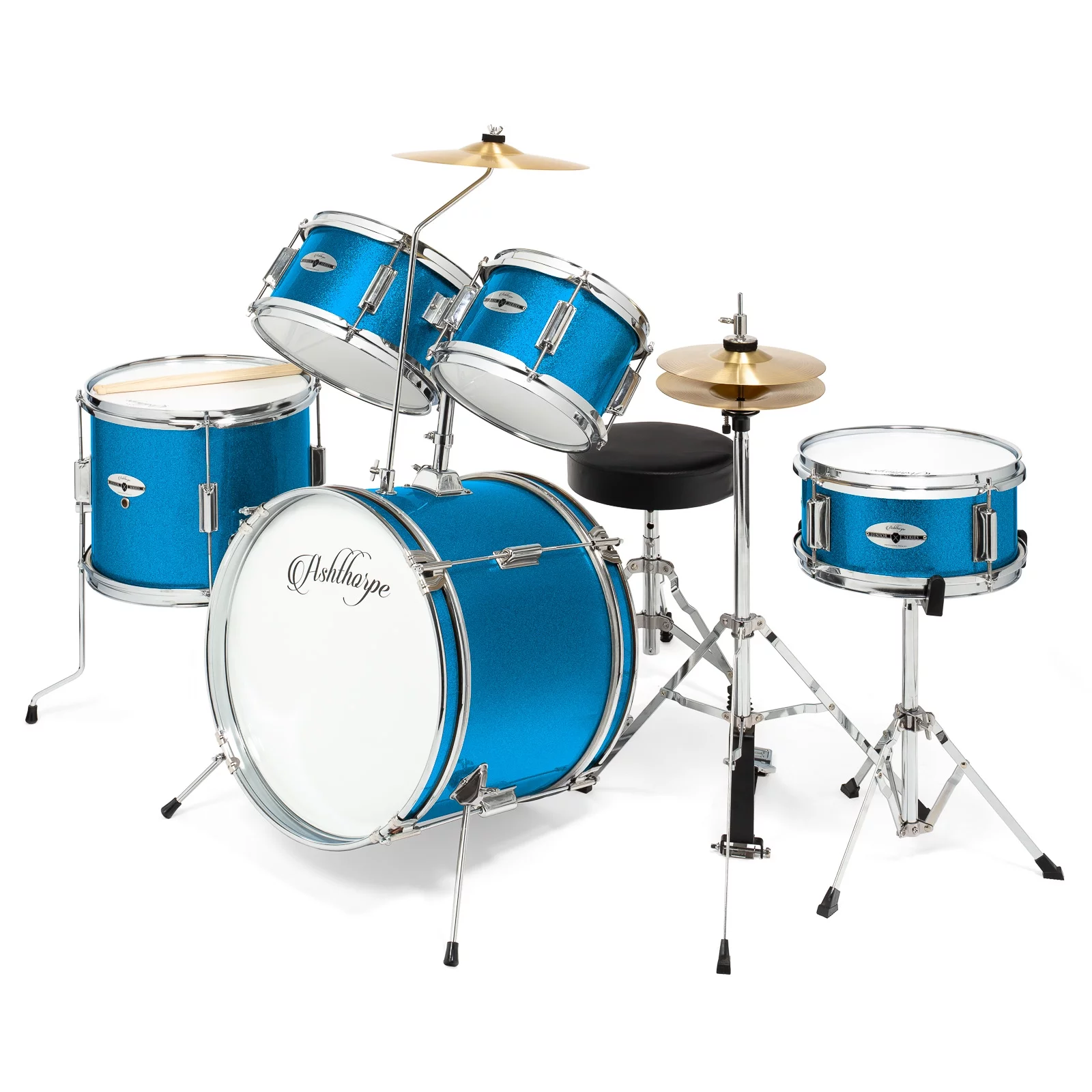 Ashthorpe 5-Piece Complete Junior Drum Set with Genuine Brass Cymbals Advanced Beginner Kit, 16" Bass, Adjustable Throne, Hi-Hats