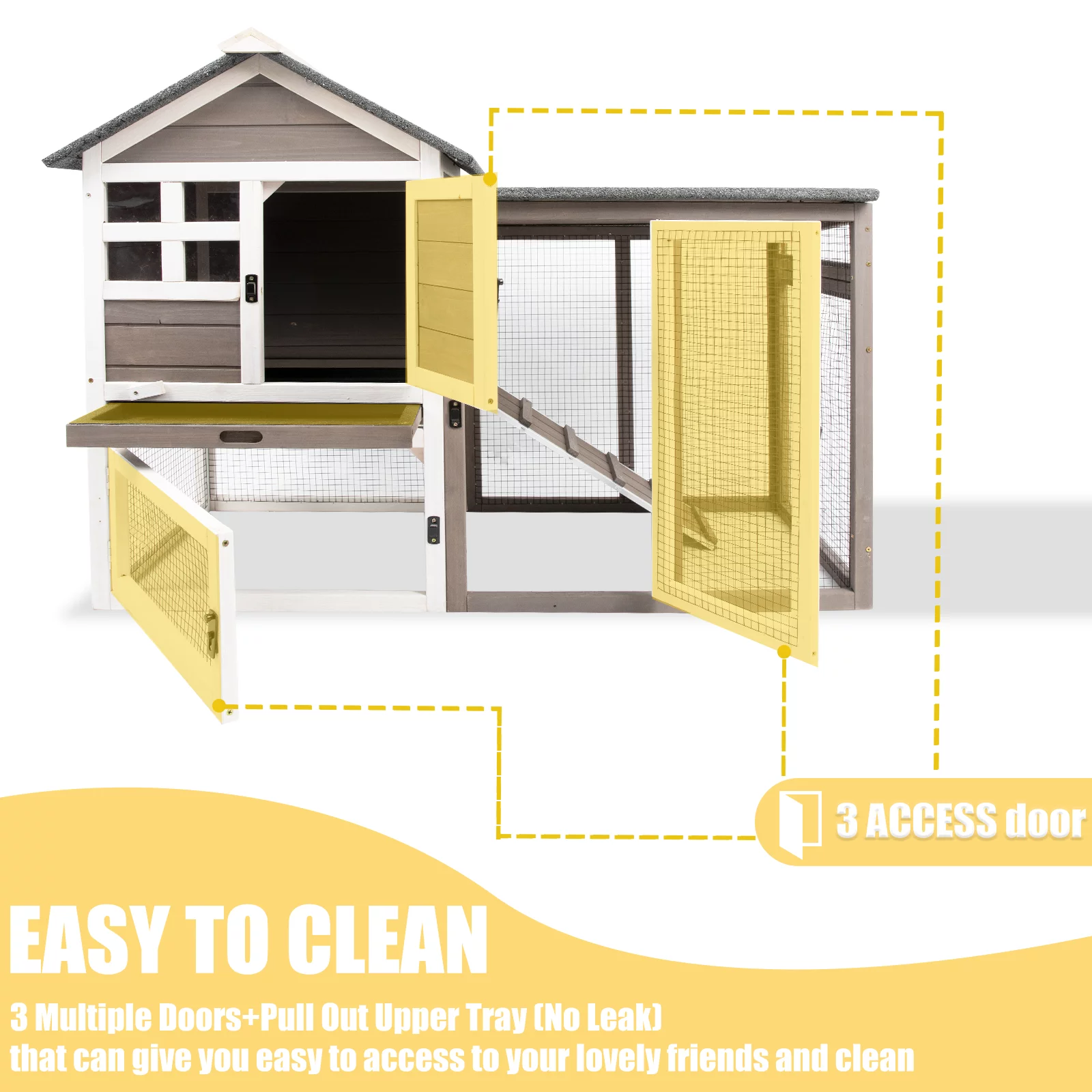 PetsCosset 46.3" Rabbit Hutch Indoor-Outdoor Rabbit Cages with Pull Out Tray Large FirWood Bunny Hutch Waterproof Asphalt Roof,Grey