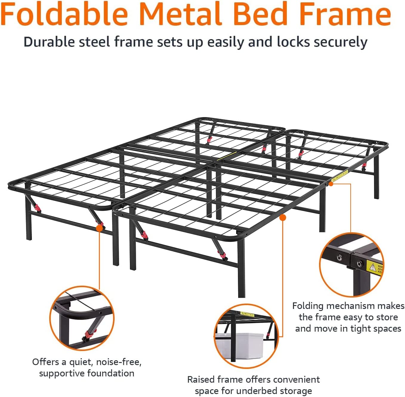 Foldable Metal Platform Bed Frame with Tool Free Setup 14 Inches High  Queen Black