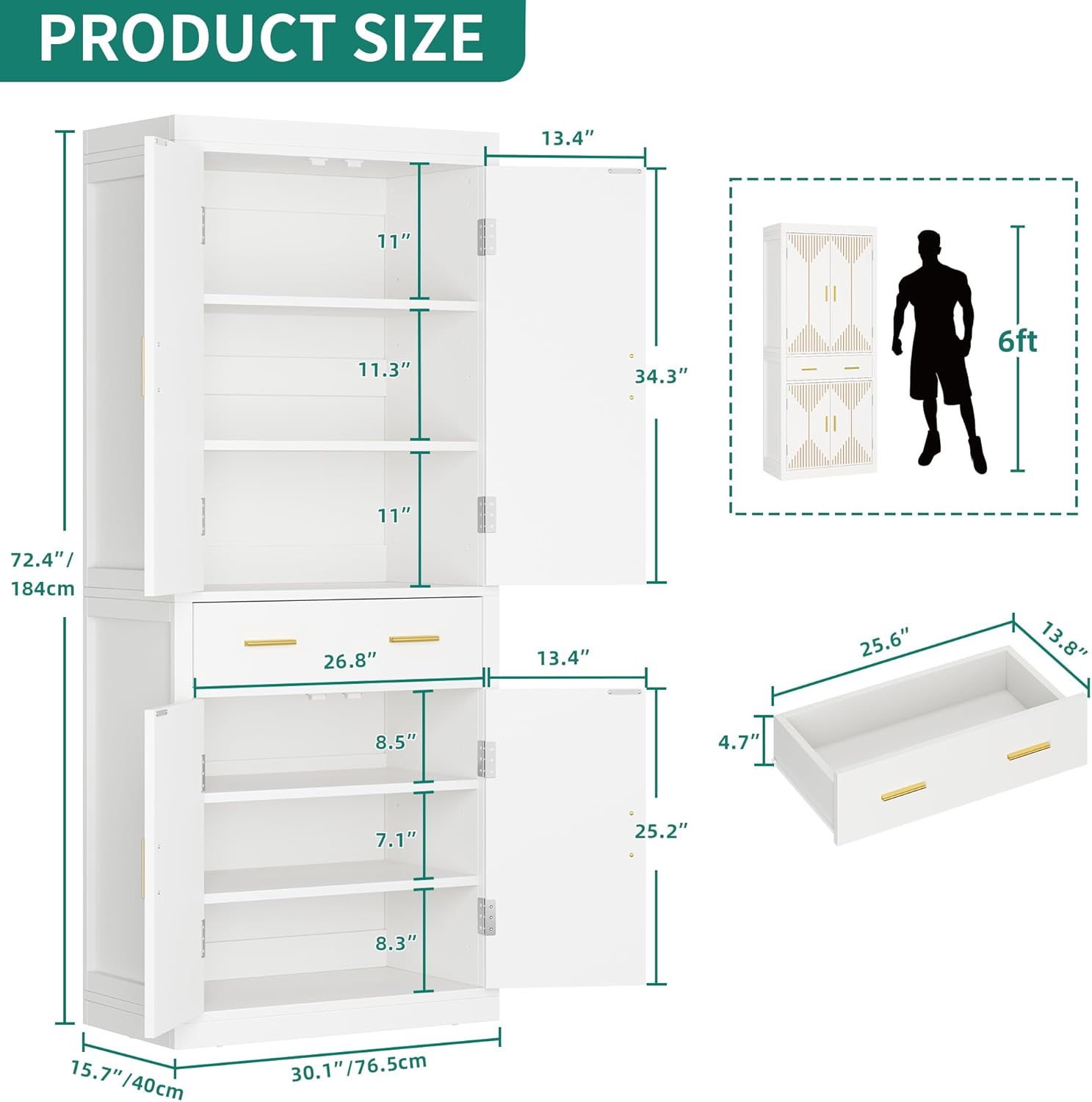 YITAHOME Pantry Cabinet, 72" Tall Kitchen Cabinet with Carved Design Doors