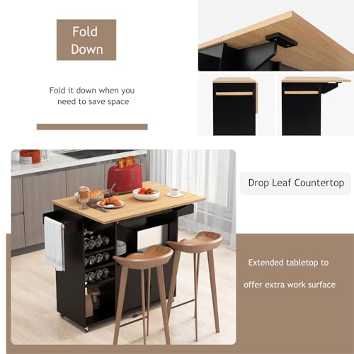 Rolling Kitchen Island with Drop Leaf & Power Outlet, Microwave Cart with Storage Cabinet, Drawer, Wine & Cup Holder, Spice & Towel Rack