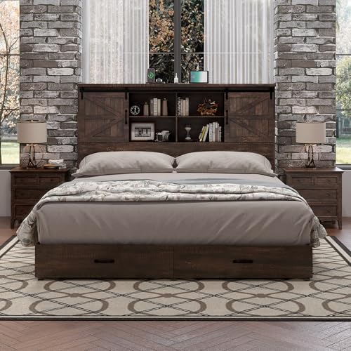 HOWE King Size Bed Frame, Wood Platform Bed Frame with 51.2" Bookcase Headboard, Storage Bed with Sliding Barn Door Charging Station 2 Drawers