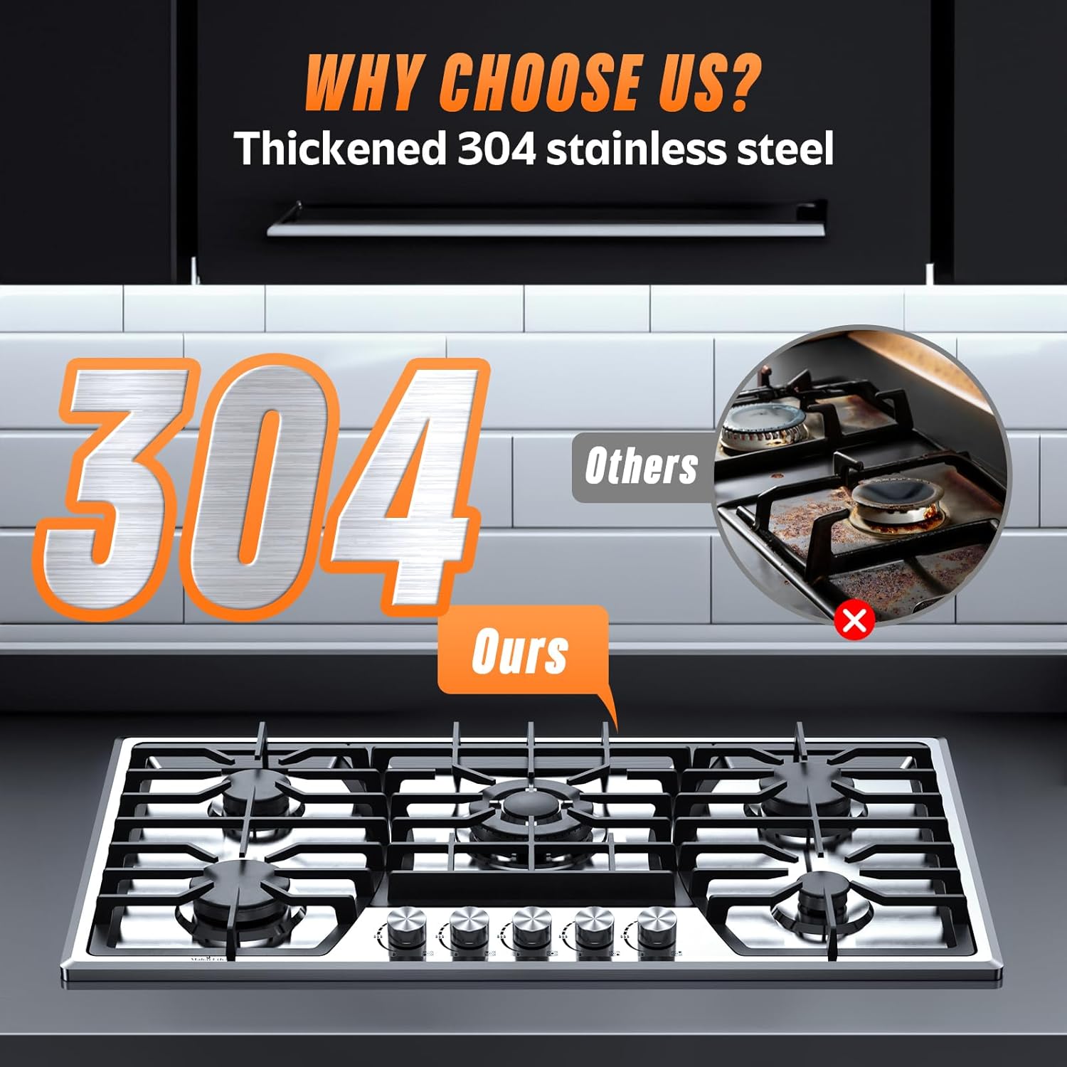 36 Inch Gas Cooktop, Maharlika Gas Stove Top Bulit-in with 5 Burner Stainless Steel Total 41,132 BTU, 36" NG/LPG Convertible Cooktops Dual Fuel