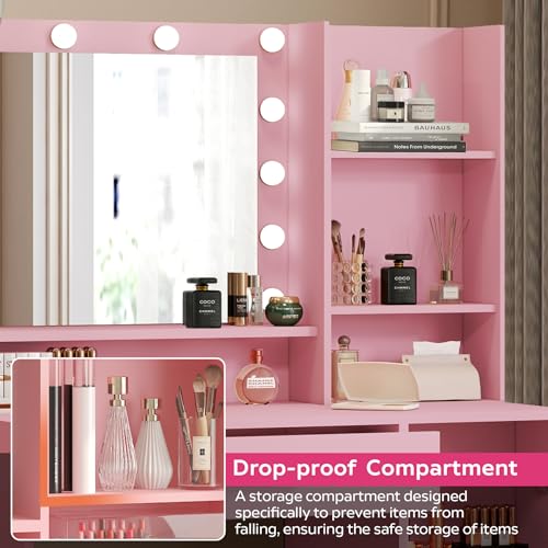 Vanity Desk with Mirror and Light, Large Drawer and Three Level Storage Dresser, 3 Lighting Modes Adjustable Brightness