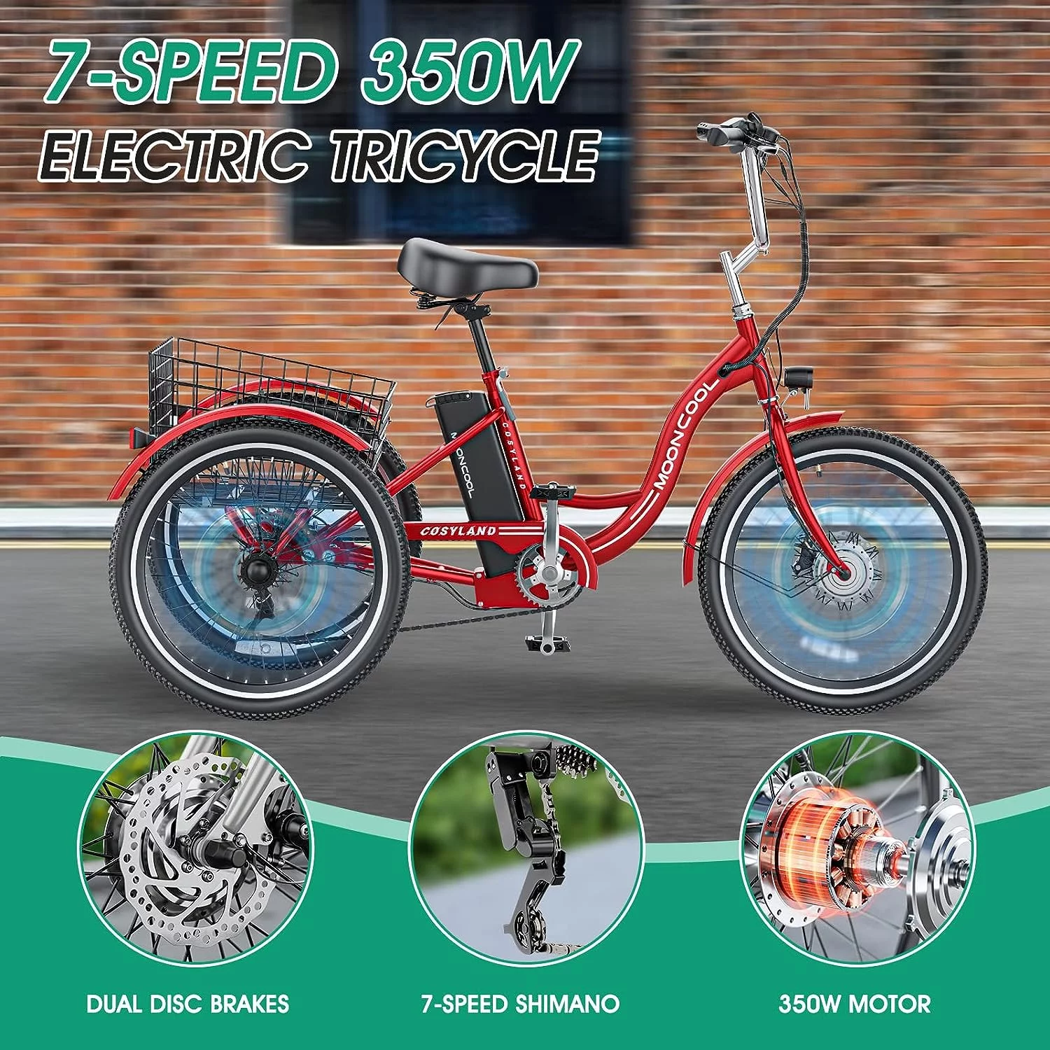 Mooncool 24 26 3 Wheel Electric Tricycle for Adults