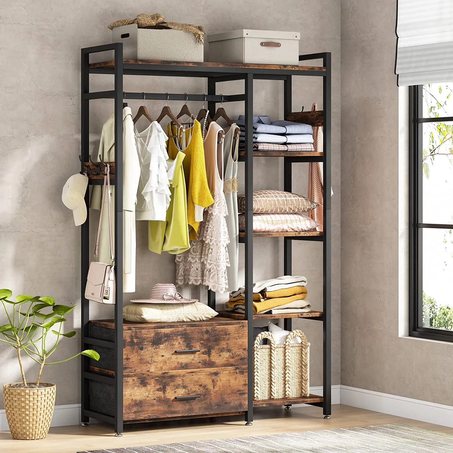 Tribesigns Freestanding Closet Organizer, Clothes Rack with Drawers and Shelves