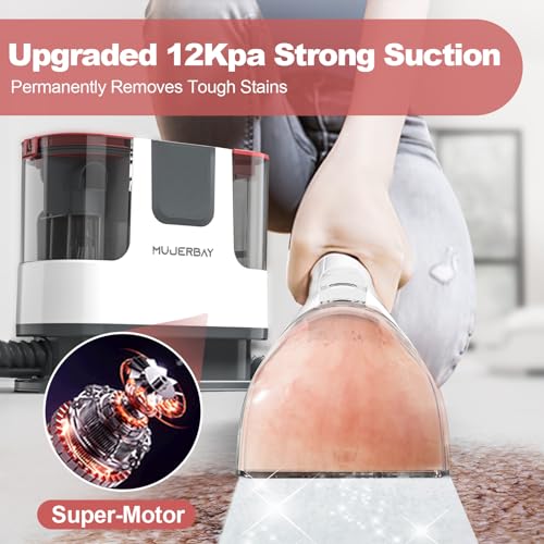 Upholstery Carpet Cleaner, MUJERBAY® 12Kpa Portable Spot and Stain Cleaner, Easy Move with Universal Wheels & Handle