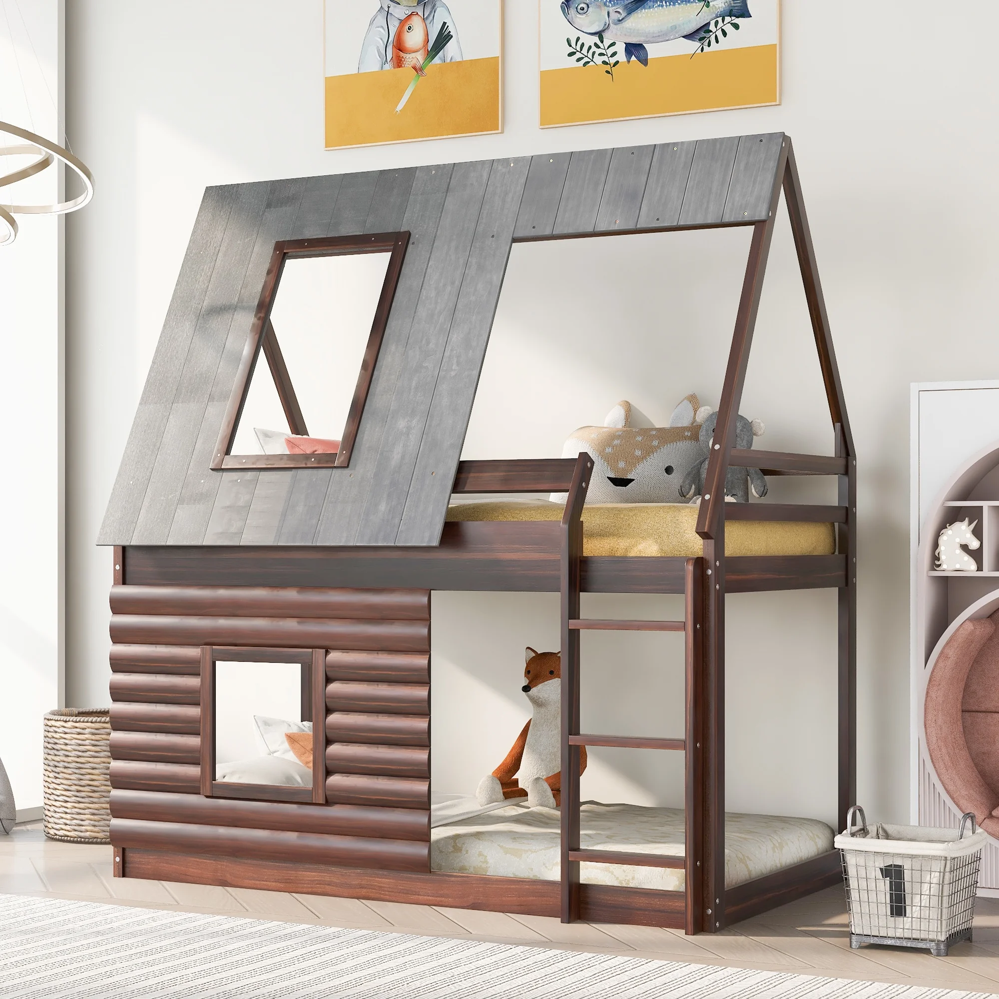EUROCO Twin over Twin House Bunk Bed with Roof for Kids Bedroom, Grey