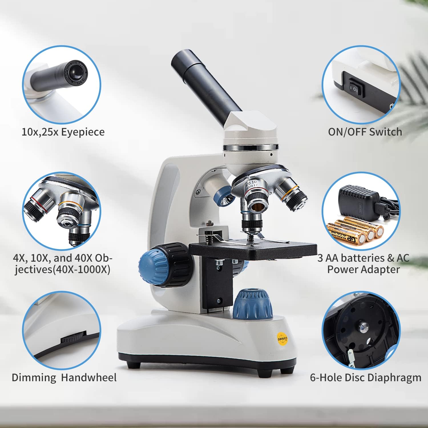SWIFT Microscope SW150,Compound Student Microscope,40X-1000X,Monocular Head,Coarse & Fine Focusing,Dual Illumination