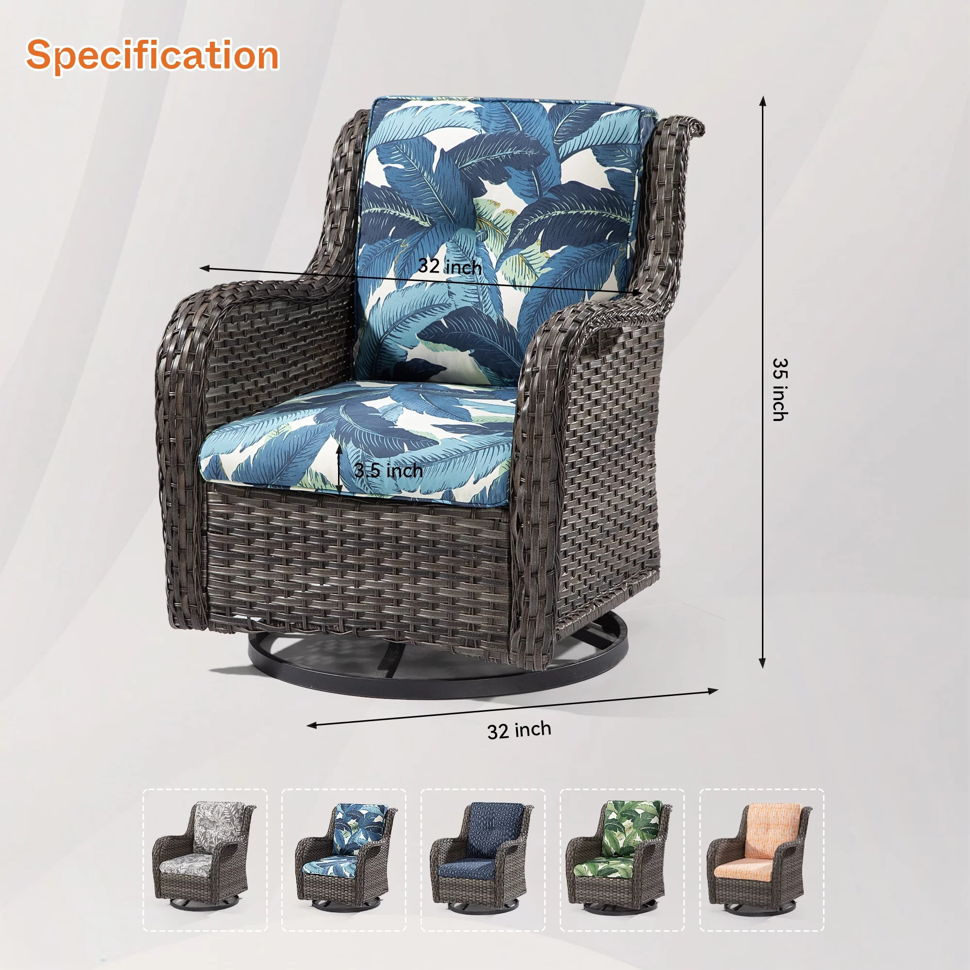 Meetleisure 2 Pieces Outdoor Patio Furniture Wicker Swivel Chair with Cushions for Backyard, Swaying Palms Blue