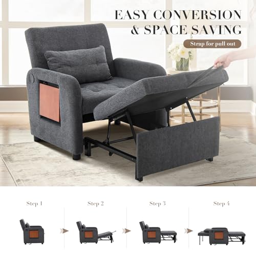 COLAMY Convertible Sleeper Chair-Fabric Futon Sofa Bed, Single Sleeper Sofa, Small Couch Bed with USB Port, Foldable Table, Pillow