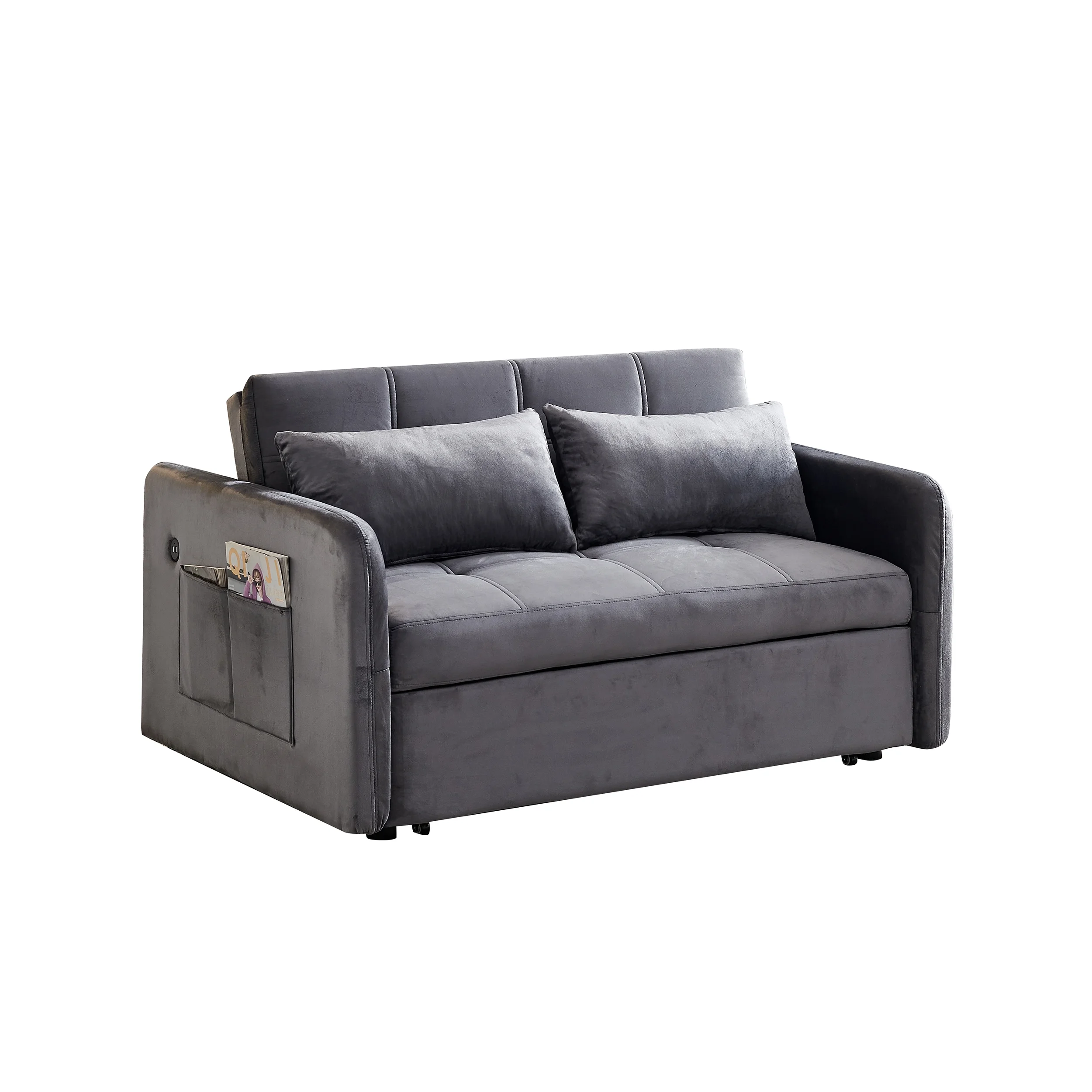 Modern Velvet Pull Out Convertible Sofa Bed, Folding Sleeper Couch Loveseat with Pillows and USB Port for Living Room Bedroom