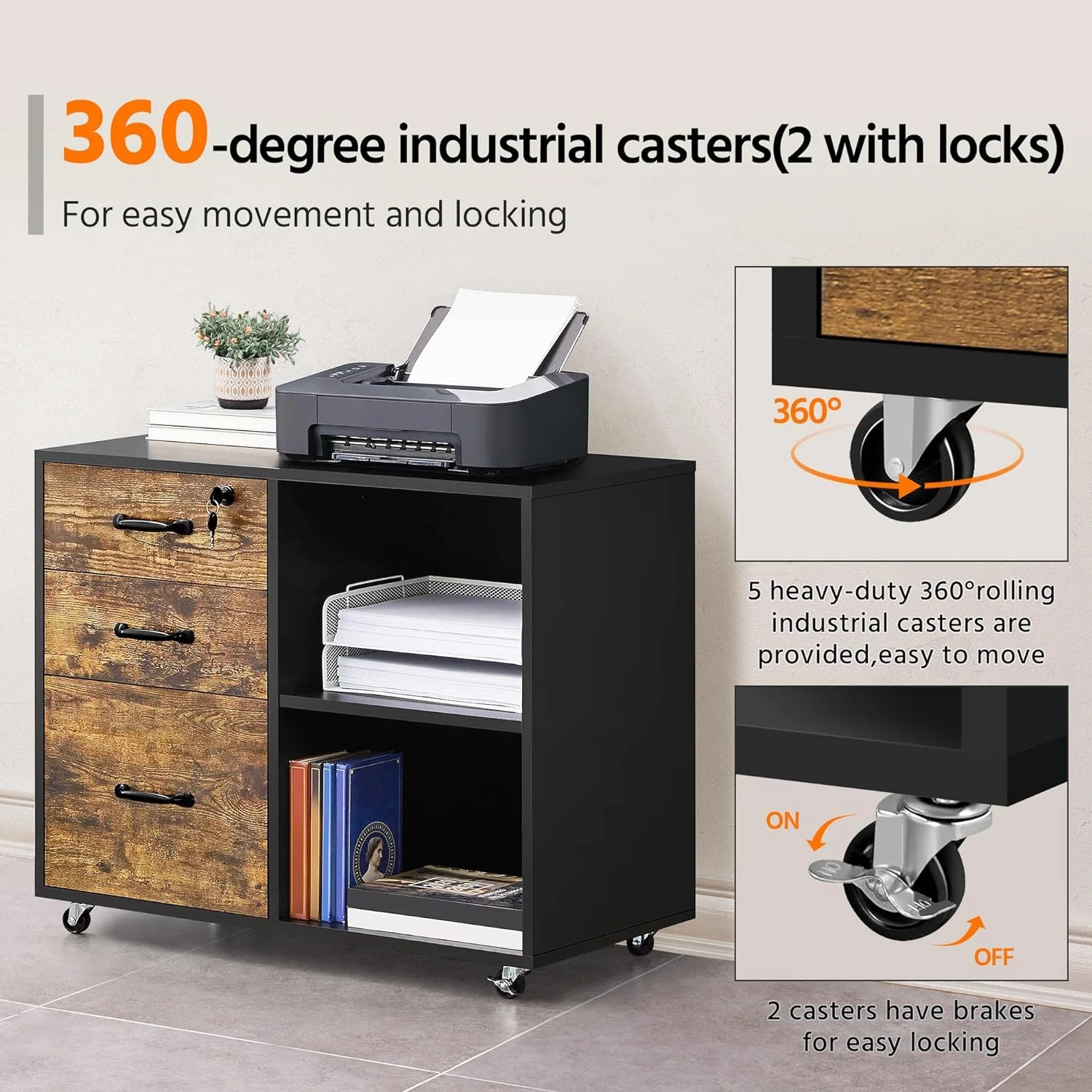 Black File Cabinet with Lock for Letter, A4 Size,3 Drawer Lateral Filing Cabinet Printer Stand with Open Storage Compartments