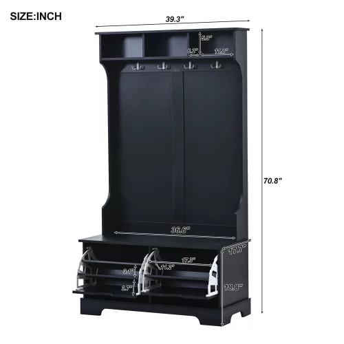 THINK 30,Wood Hall Tree with 2 Flip Shoe Storage Drawers and 3 Top Shelves, Hallway Organizer with Storage Bench and Metal Hanging Hooks, Black
