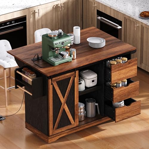 Farmhouse Kitchen Island with Power Outlet, Drop Leaf, Spice Rack and Drawer,Rolling Kitchen Cart on Wheels