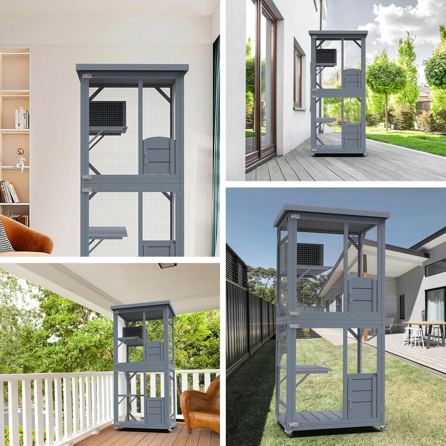 Catio Outdoor Cat House, Wooden Large Enclosure with Run on Wheels, 64" Outdoor/Indoor Cat Catio for Multiple Cats with Waterproof Roof, Platforms