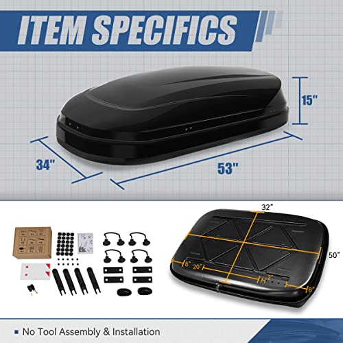 Auto Dynasty Hard Shell Roof Top Mount Car Storage Travel Luggage Box Cargo Carrier, 53 (L) x 34 (W) x 15 (H) Inches, Capacity 110 Pounds