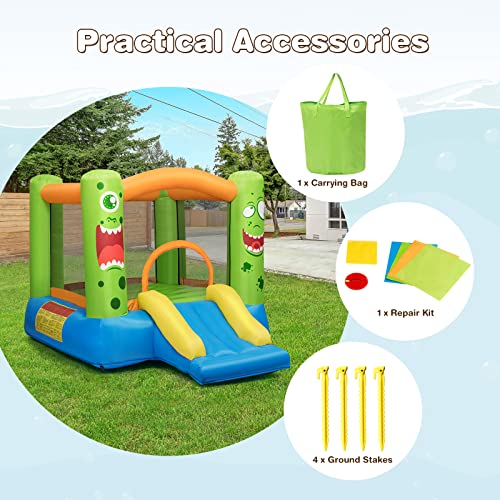 DORTALA Inflatable Bounce House, Monster Theme Bouncy Castle with Slide, Basketball Rim, Stakes, Indoor Outdoor Jumping House for Kids