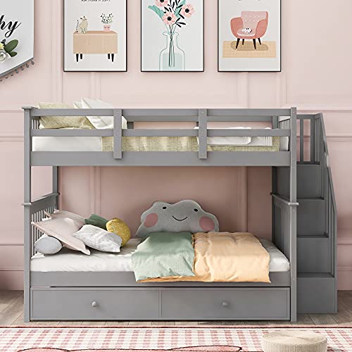 Harper & Bright Designs Twin Over Twin Bunk Bed with Stairs and Trundle, Solid Wood Stairway Bunk Bed Frame with Storage