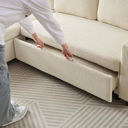 L-Shaped Pull Out Sleep Sofabed,Modern Reversible Sleeper Sectional Sofa Chenille Upholstered Button Tufted Decor with Storage Chaise