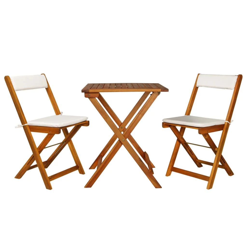 Anself 3 Piece Folding Bistro Set Wooden Folding Table and 2 Foldable Chairs with Cushions Dining Set Acacia Wood Outdoor Furniture Space Saving for