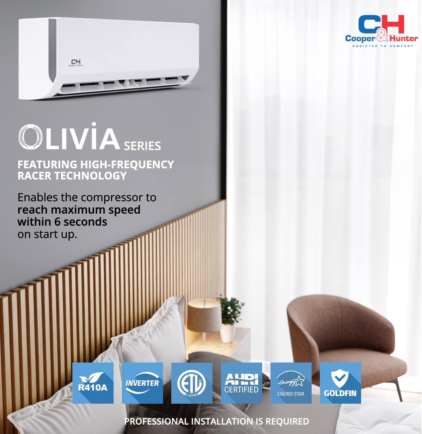 Cooper & Hunter 18,000 BTU Dual 2 Zone 9,000 + 9,000 BTU Mini Split AC/Heating Wall Mount System Including Installation Kits, Smart Kit