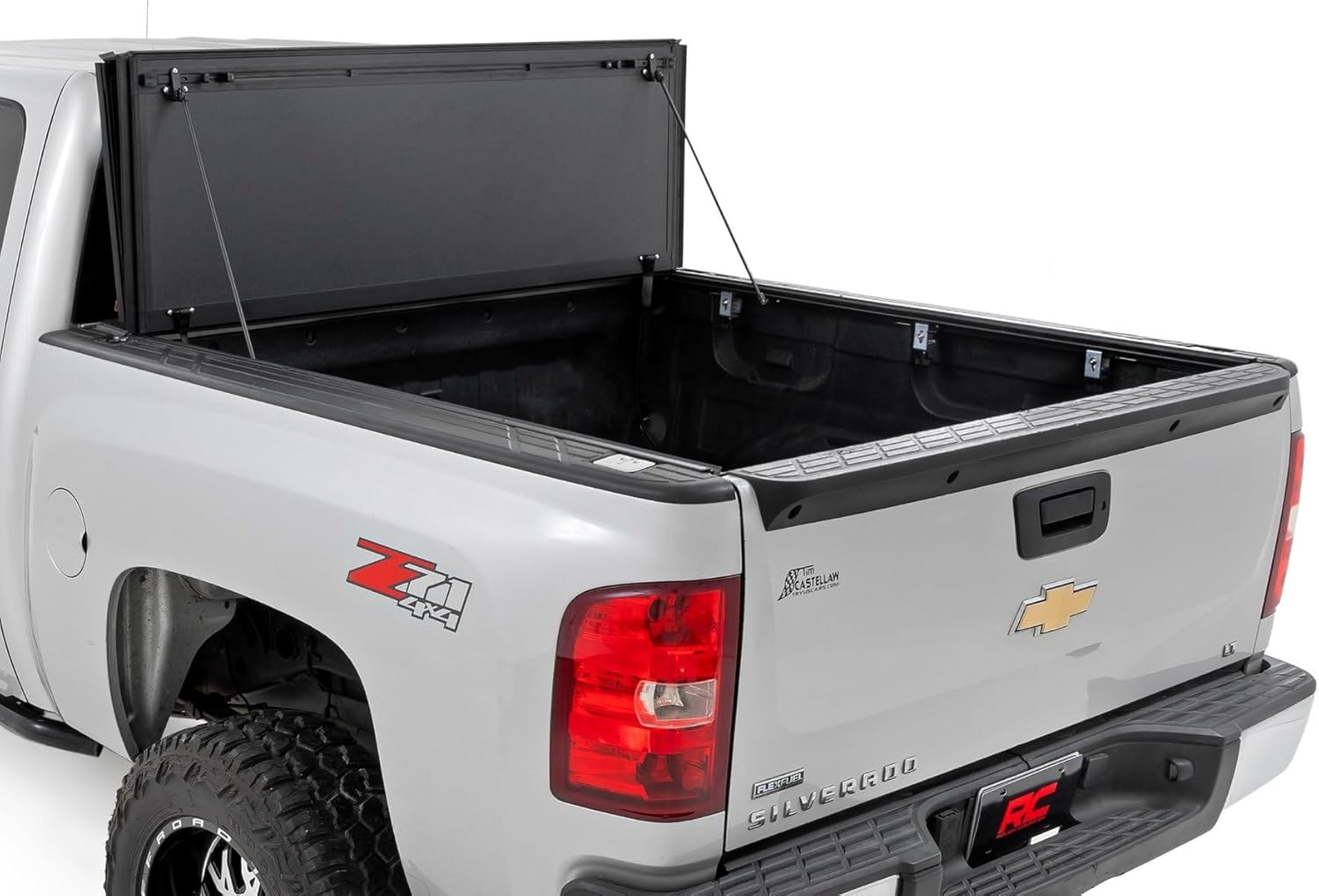 Rough Country Hard Tri-Fold Flip Up Truck Bed Tonneau Cover for Chevy Silverado 1500/GMC Sierra 1500 (2007-2013) - Fits 5'9 (69.3") Bed w/Rail Caps