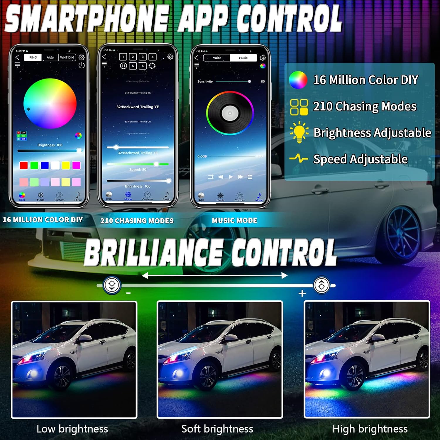 OPPBUY Car Underglow Lights,6PCS Dimmable RGB Underbody Exterior Car Strip Lights with APP Control,16 Million DIY Colors,210 Chasing Color,Music Mode