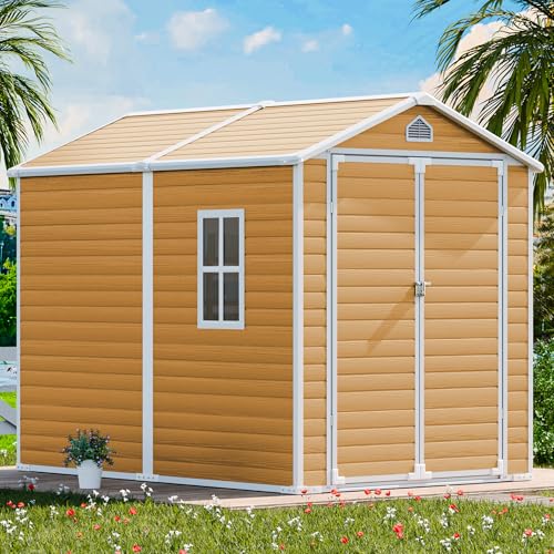 CDCASA 8x6 Feet Resin Storage Shed, Waterproof Outdoor Shed with Floor & Lockable Door & Window & Vents, Plastic Tool Shed for Backyard, Patio