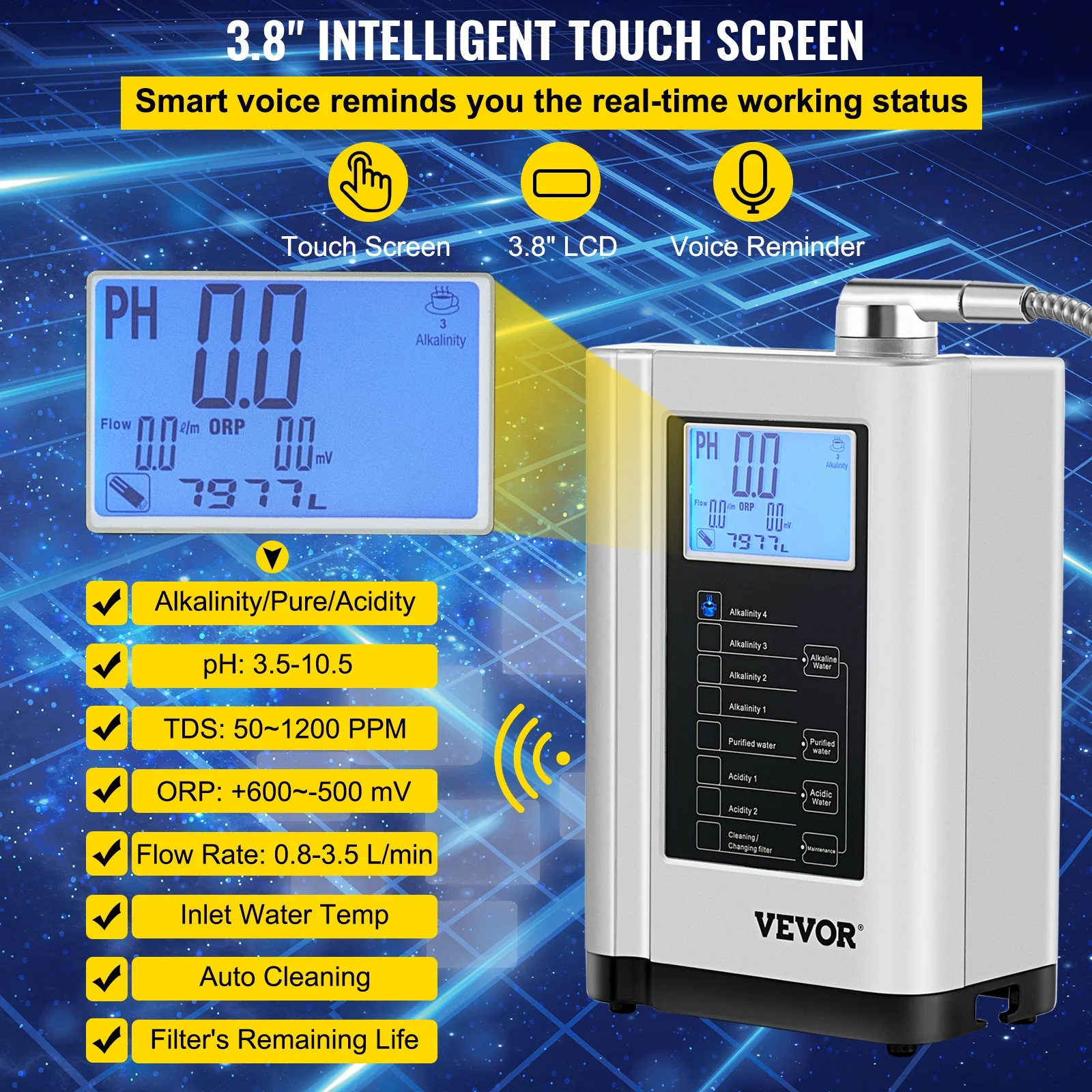 BENTISM  Water Ionizer Machine Alkaline Acid Water Purifier PH3.5-10.5 w/ 3.8" LCD Panel , 7 Water Settings, up to 1200PPM TDS & -500mV ORP