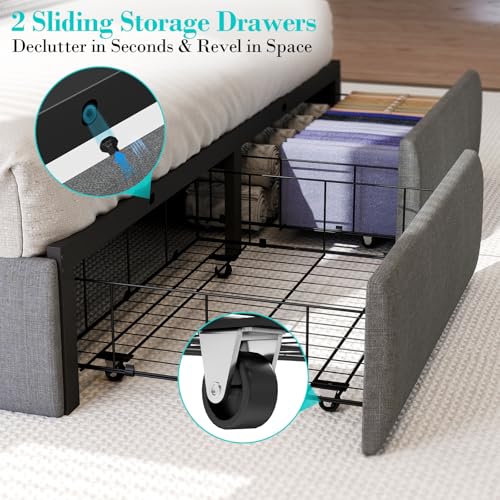 Queen Bed Frame with 2 Storage Drawers, Platform Bed Frame Queen Size with LED Light, Upholstered Headboard, Charging Station, Steel Slat Support