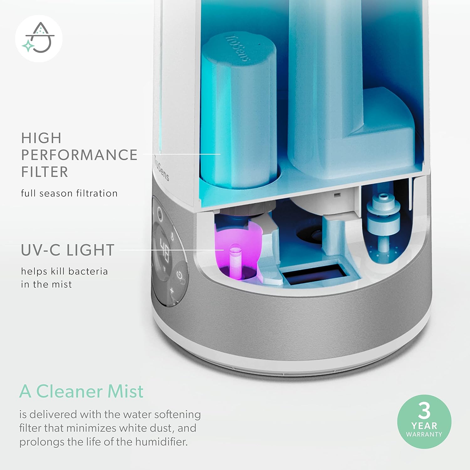 TruSens Clean Mist Ultrasonic Humidifier With UV-C Light, Large 8L Tank, Humidity Sensor, Warm & Cool Mist, Water Softening Filter