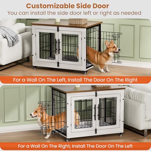 Lulive Dog Crate Furniture for Medium Dogs, 32'' Dog Kennel Indoor with Cushion & Wheels Wooden Dog Cage Double Doors Dog Crate End Table, Grey
