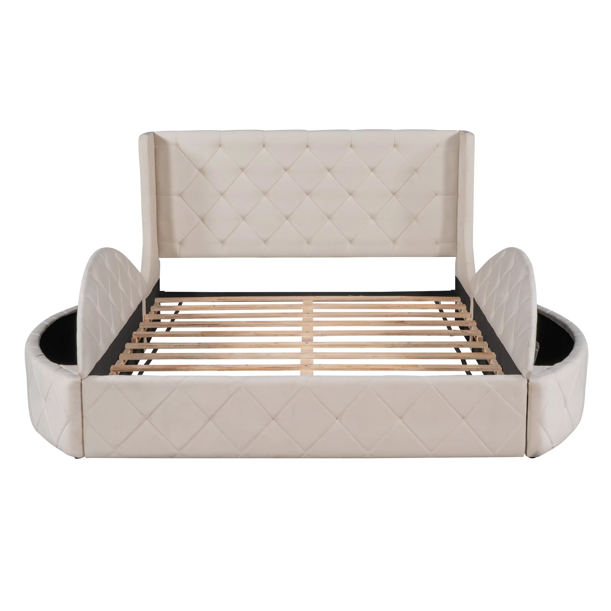 Churanty Queen Upholstered Storage Velvet Platform Bed with Wingback Headboard,Storage Platform Bed Frame with Drawer and 2Side Storage Stool,Beige