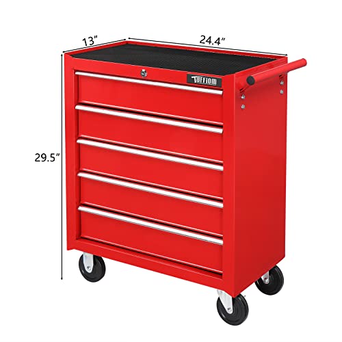 TUFFIOM 5-Drawer Rolling Tool Chest w/Drawers & Lock, Tool Storage Cabinet with Lockable Wheels, Top Cushion & Drawer Liners
