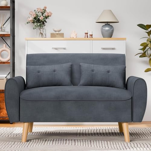Shintenchi 47" Modern Linen Loveseat Sofa with 2 Pillows - Dark Grey | Compact, Stylish & Comfortable for Apartments, Studios & Small Spaces