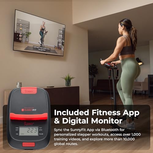 Sunny Health & Fitness Total Body 2-in-1 Smart Stepper Machine for Home with Handlebar and Resistance Bands, Total Body Workout, Adjustable Hydraulic