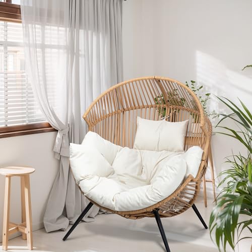 Shintenchi Wicker Egg Chair Outdoor Rattan Patio Chair with Cushion,Oversized Patio Lounge Chairs with Cushion Egg Basket Chair