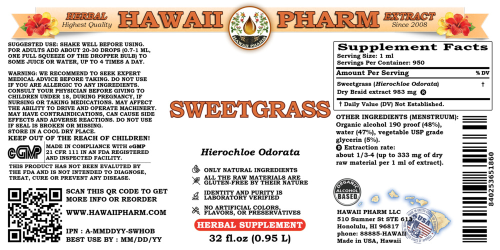 Sweetgrass (Hierochloe Odorata) Dry Braid Liquid Extract Tincture. Expertly Extracted by Trusted HawaiiPharm Brand. Absolutely Natural. Proudly made