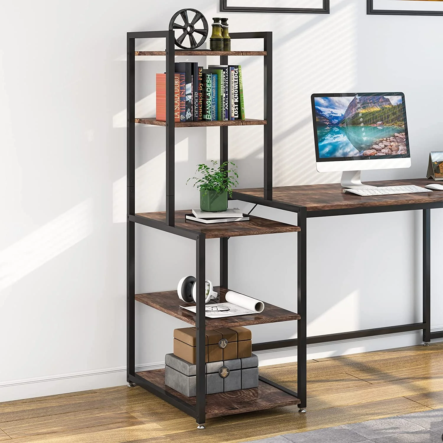 HJZBNONE 79 Inch Reversible L-Shaped Desk  Industrial Large Corner Desk with 5 Tier  Shelves  Large L Desk Home Office Desk Computer Table Writing
