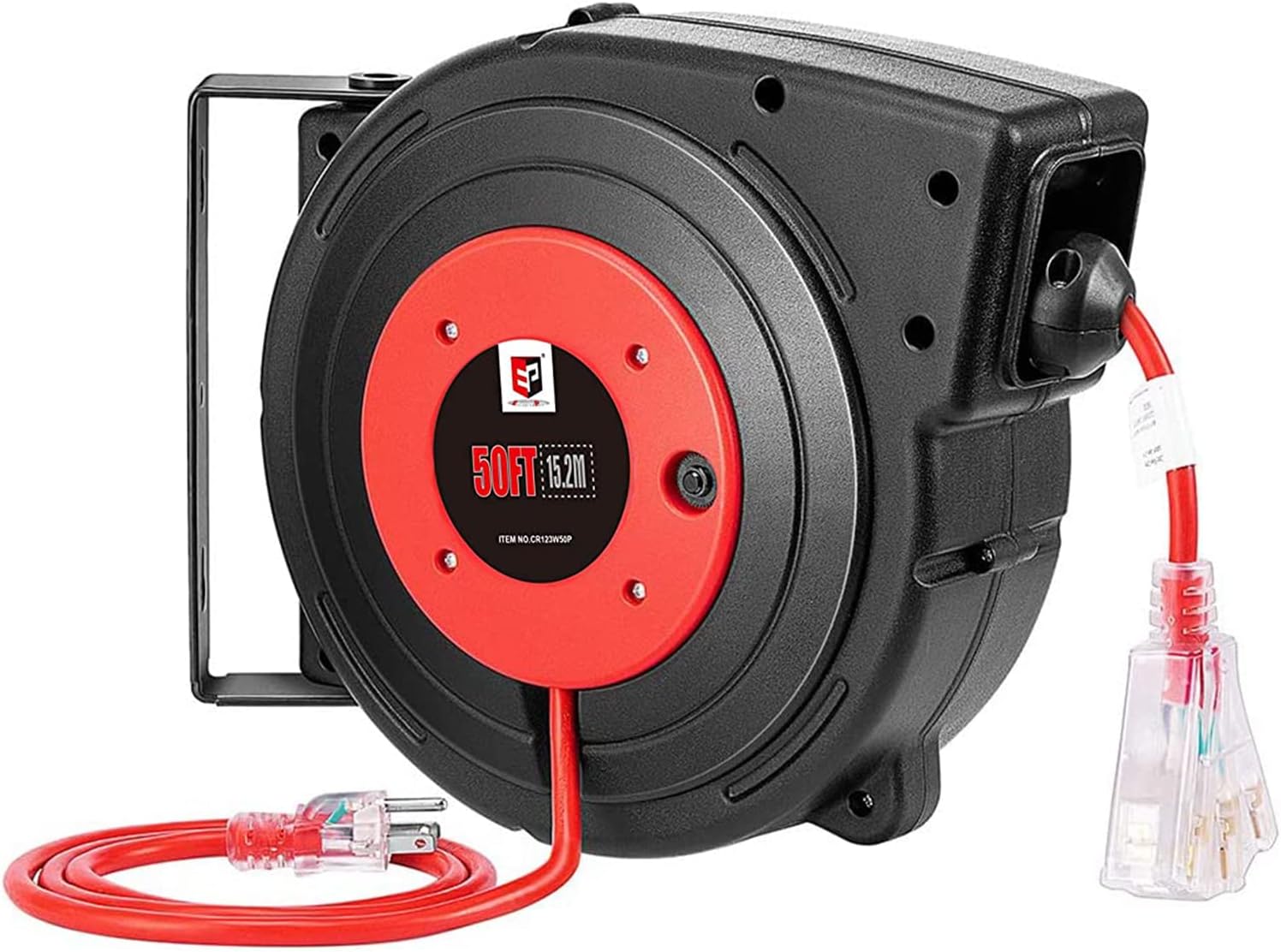 EP Retractable Extension Cord Reel, 50 Ft Heavy Duty Power Cord, 12 AWG/3C SJTOW, 15 AMP Circuit Breaker, Lighted Triple Tap, Ceiling or Wall Mount