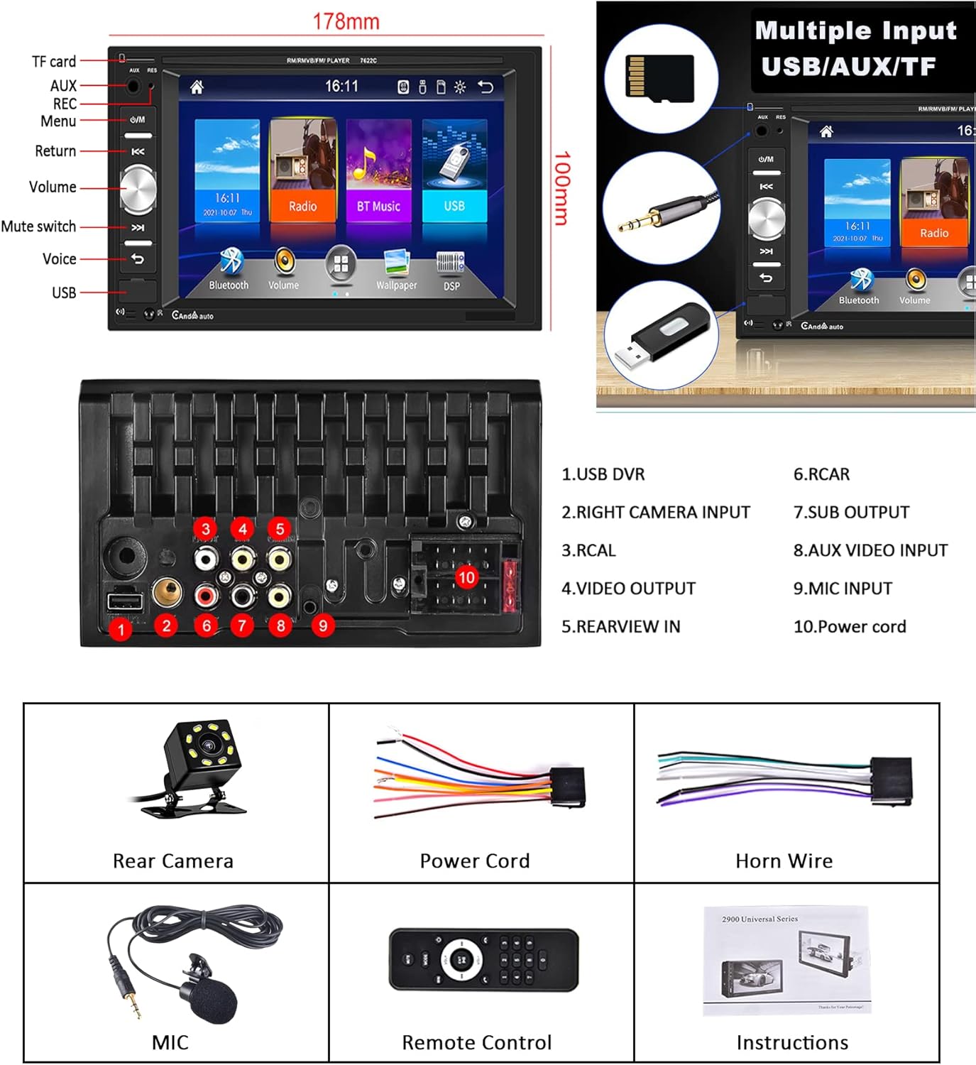 Double Din Car Stereo with Carplay/Android Auto 6.2&ldquo