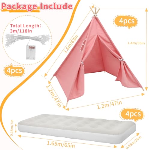6 Pack Teepee Tent for Kids [Thickened] with Light String and Inflatable Airbed, Slumber Party Tents