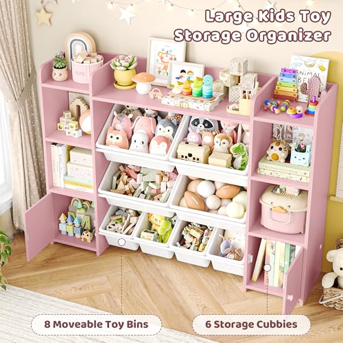 FOTOSOK 55''Large Toy Storage Organizer with 8 Toy Bins, Toy Organizers and Storage with Shelf and 6 Storage Cubbies, Bookshelf for Kids