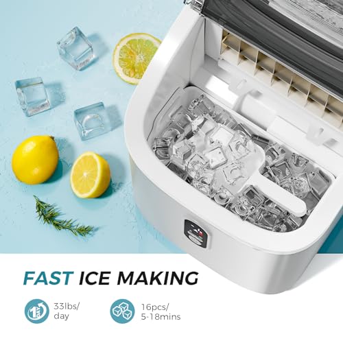 Kismile Ice Maker Countertop, Portable Ice Cube Maker Machine with 1.5L Detachable Water Tank, 33Lbs/Day, 16Pcs/5Mins, 24H Timer