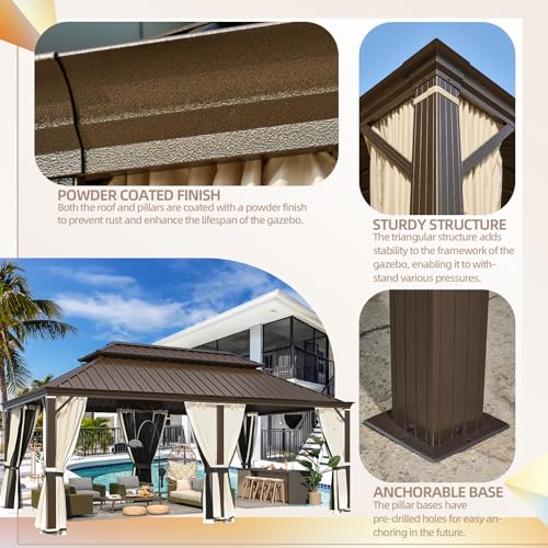 YOLENY 10' x 12' Hardtop Gazebo, Metal Gazebo with Aluminum Frame, Double Galvanized Steel Roof, Curtains and Netting Included