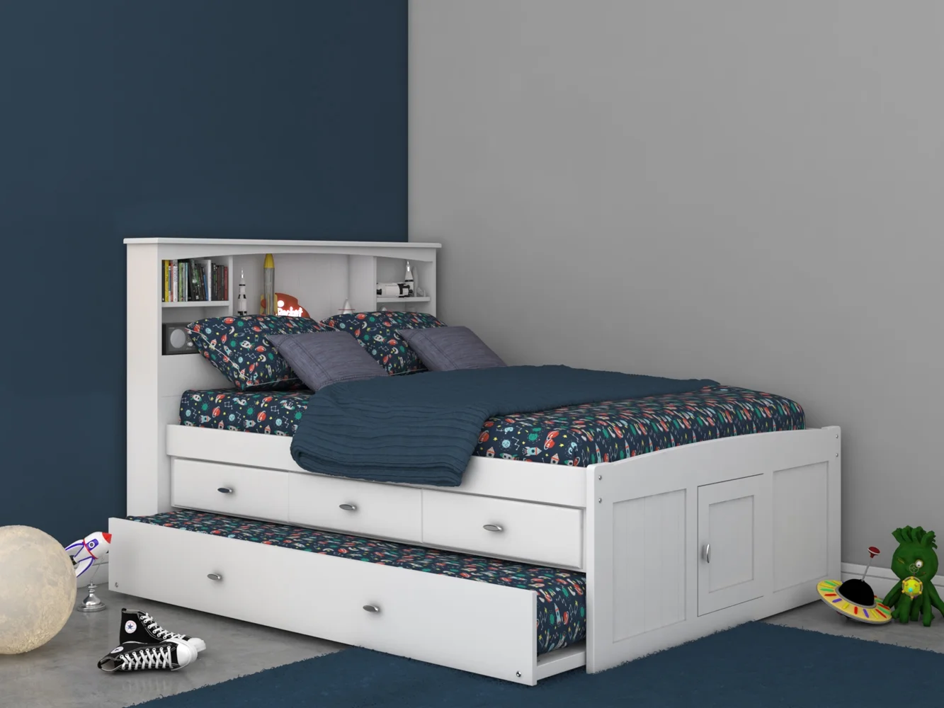 OS Home and Office Furniture Model 80221K3-22 Solid Pine Full Sized Captains Bookcase Bed with 3 spacious under bed drawers and a Twin Trundle in
